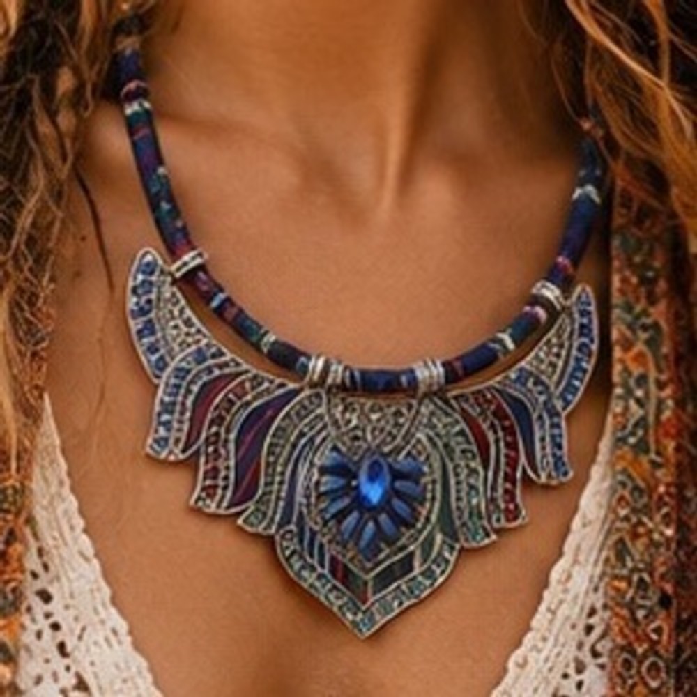 Bohemian Tribal Bib Statement Necklace Blue Silver Tone Woven Cord Rhinestone